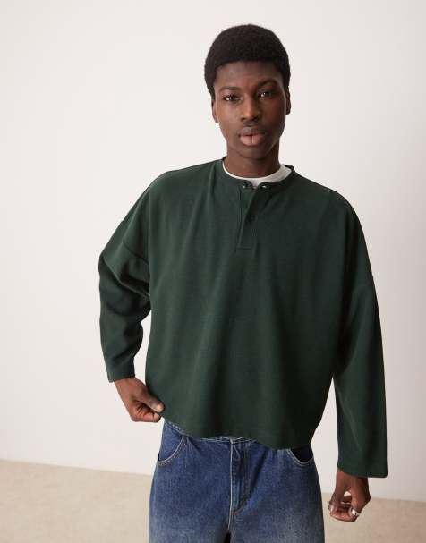 ASOS DESIGN - Pull court et ultra oversize en tissu côtelé épais avec col boutonné - Vert foncé - view 1