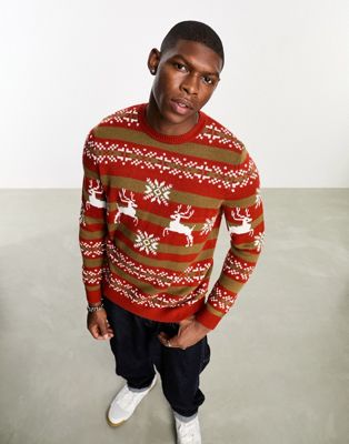 ASOS DESIGN knitted Christmas jumper with orange fairilse stag pattern - ASOS Price Checker