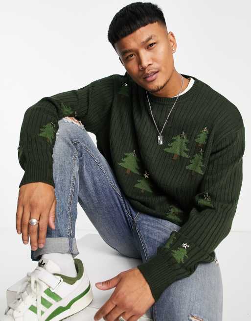 ASOS DESIGN - Pull de Noël en maille côtelée avec appliqué sapin