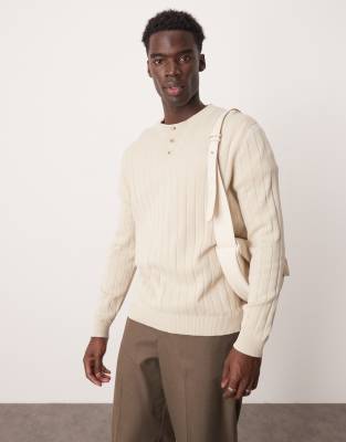 ASOS DESIGN - Pull décontracté en maille à côtes larges avec col grand père - Grège-Neutral