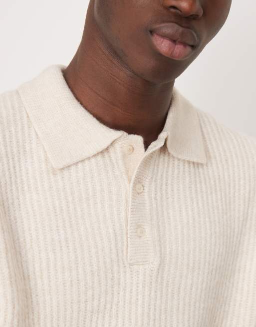 ASOS DESIGN - Pull décontracté en maille côtelée avec col polo et empiècements derrière les manches - Écru et taupe , 2 de 4
