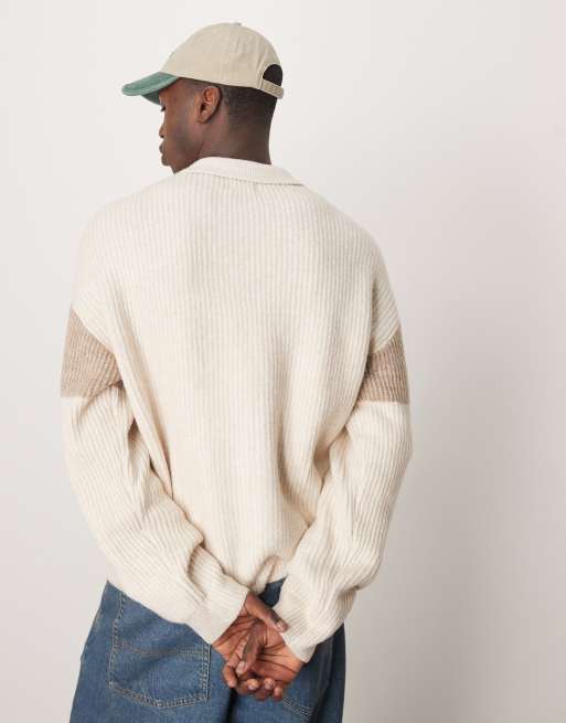 ASOS DESIGN - Pull décontracté en maille côtelée avec col polo et empiècements derrière les manches - Écru et taupe , 3 de 4