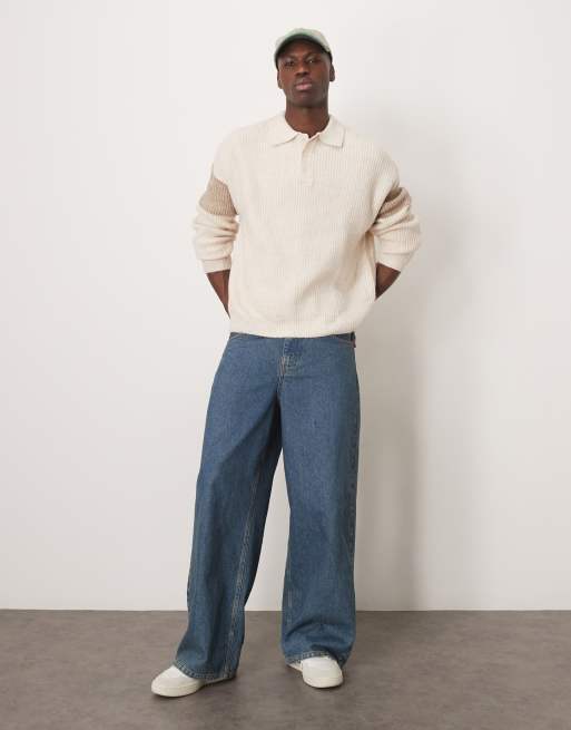 ASOS DESIGN - Pull décontracté en maille côtelée avec col polo et empiècements derrière les manches - Écru et taupe , 4 de 4