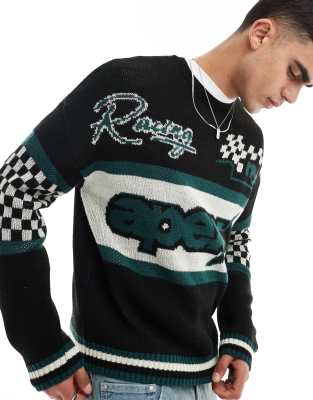ASOS DESIGN - Pull décontracté en maille duveteuse à motif courses - Noir