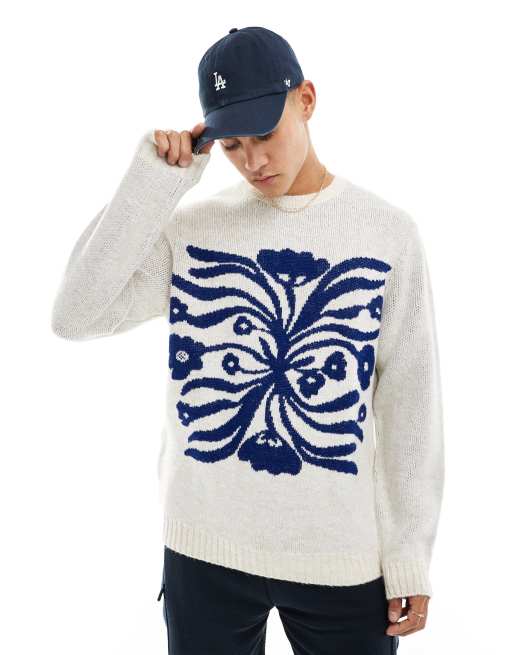 ASOS DESIGN - Pull décontracté en maille duveteuse à motif fleuri - Bleu/écru