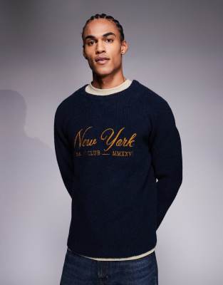 ASOS DESIGN - Pull décontracté en maille nervurée avec motif New York vintage - Bleu marine