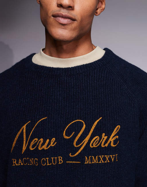 ASOS DESIGN - Pull décontracté en maille nervurée avec motif New York vintage - Bleu marine, 5 de 5