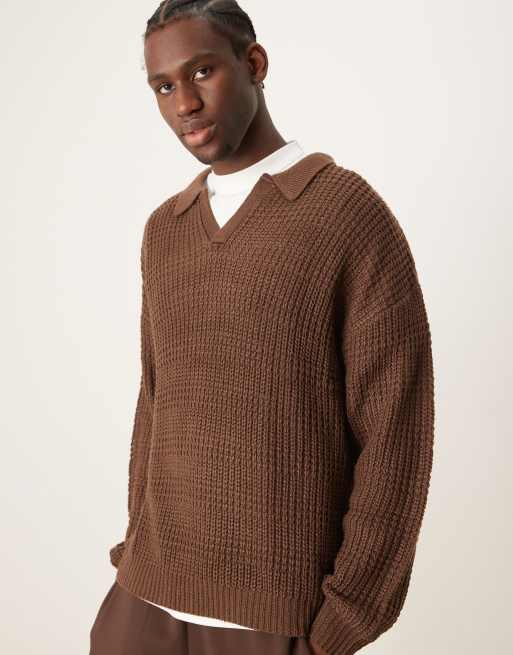 ASOS DESIGN - Pull décontracté texturé à encolure crantée avec col polo - Marron