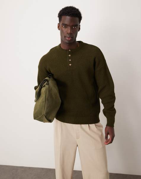 ASOS DESIGN - Pull décontractée en maille à col boutonné - Vert foncé - view 1