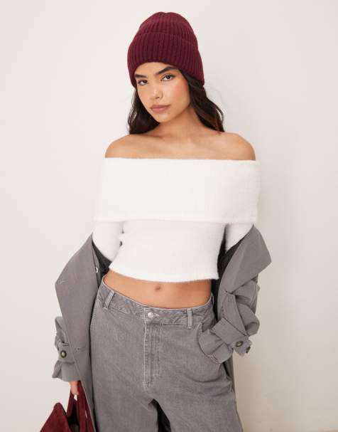 ASOS DESIGN - Pull duveteux asymétrique à épaules dénudées - Blanc - view 1