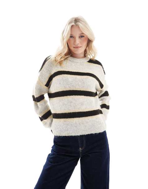 ASOS DESIGN - Pull duveteux en laine mélangée rayée - Noir - view 1