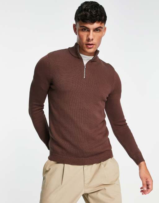 ASOS DESIGN - Pull en coton d'épaisseur moyenne avec demi-fermeture éclair - Marron