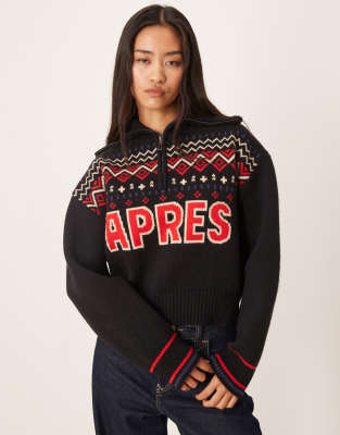 Pull en jacquard à demi-fermeture éclair et motif ski-Rouge XS