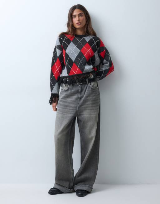 ASOS DESIGN pull en jacquard à franges à l'ourlet et aux manches rouge et noir, 4 de 5