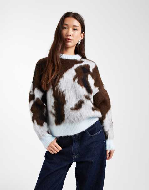 ASOS DESIGN - Pull en jacquard brossé motif vache abstrait - Bleu et marron - view 1