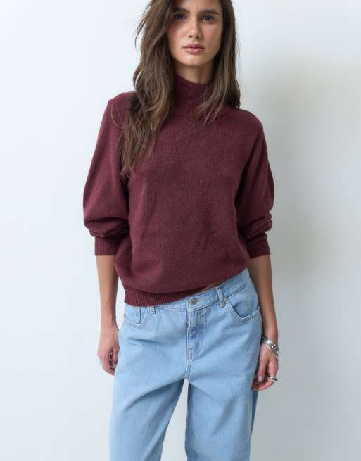 ASOS DESIGN - Pull en laine avec col montant et taille cintrée - Bordeaux, 2 de 4