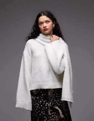 Pull en laine mélangée avec écharpe attachée - Crème-Blanc S