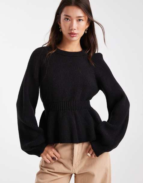 ASOS DESIGN - Pull en maille à basque avec taille cintrée - Noir - view 1
