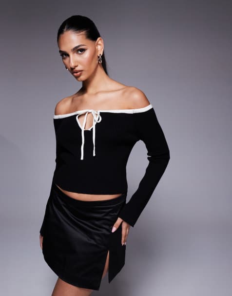 ASOS DESIGN - Pull en maille à bordures contrastantes avec encolure Bardot et épaules dénudées - Noir - view 1