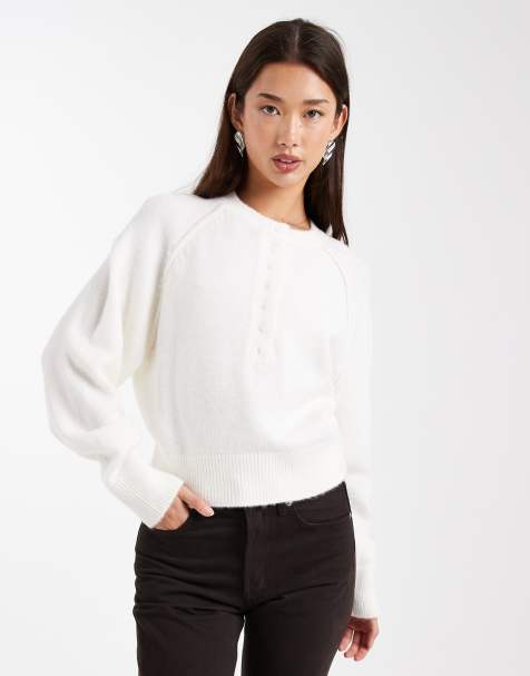 ASOS DESIGN - Pull en maille à col boutonné et manches longues - Crème - view 1