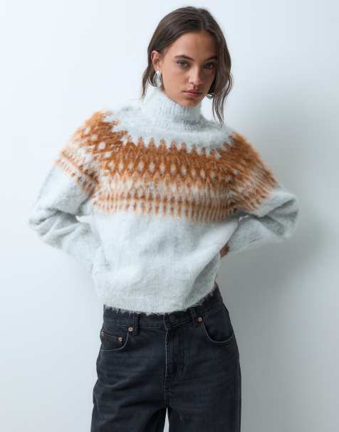 ASOS DESIGN pull en maille à col cheminée avec motif jacquard Fair Isle et manches ballon en gris - view 1