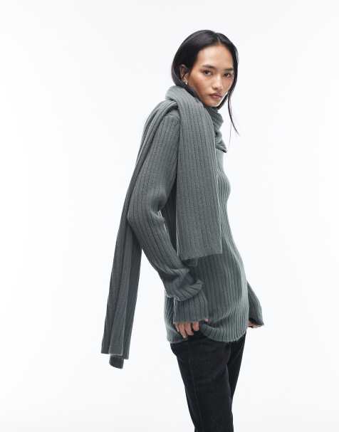 ASOS DESIGN - Pull en maille à col cheminée et écharpe amovible - Anthracite - view 1