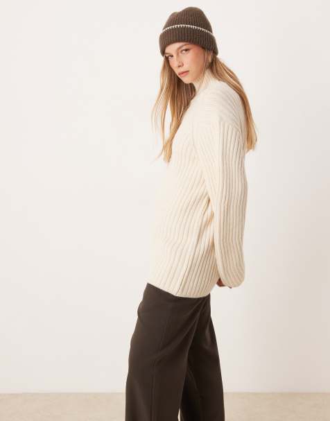 ASOS DESIGN - Pull en maille à col cheminée et manches structurées - Crème - view 1
