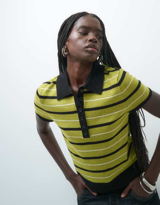 ASOS DESIGN pull en maille à col polo et manches courtes à rayures olive, 4 de 4