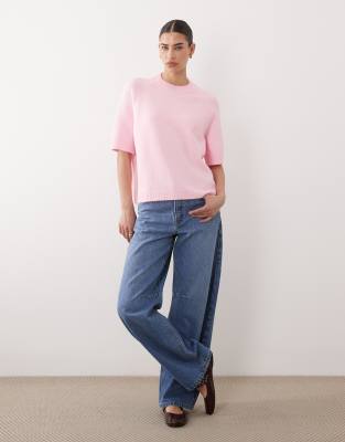 Pull en maille à manches raglan mi-longues - Rose-Blanc M
