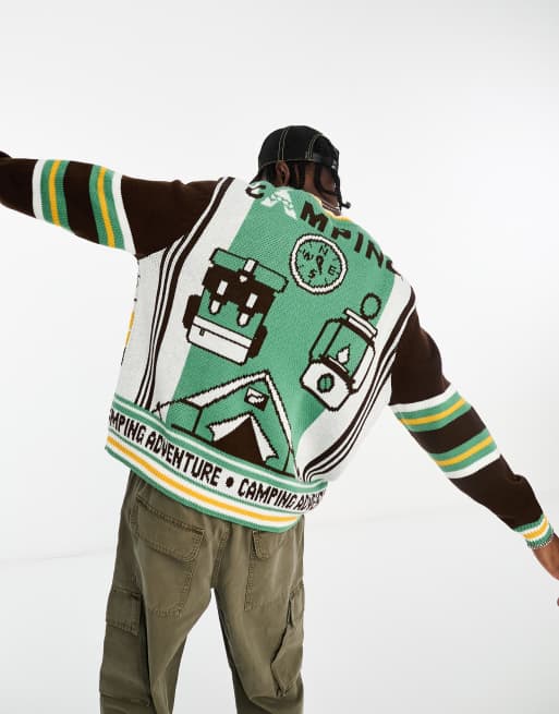 ASOS DESIGN - Pull en maille à motif camping - Vert/jaune