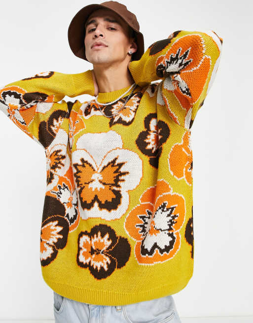 ASOS DESIGN - Pull en maille à motif pensées - Moutarde