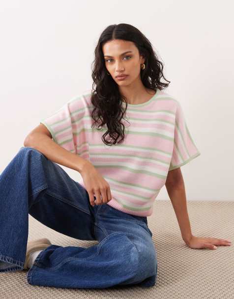 ASOS DESIGN - Pull en maille à rayures avec manches chauve-souris - Vert et rose - view 1