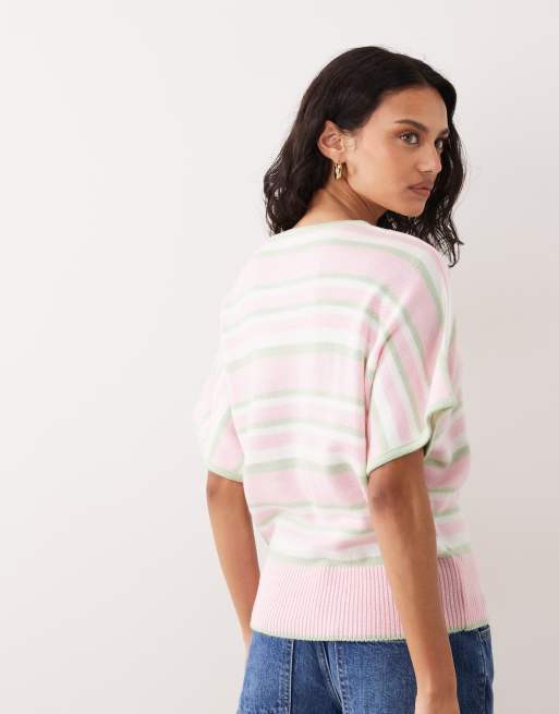 ASOS DESIGN - Pull en maille à rayures avec manches chauve-souris - Vert et rose, 4 de 4