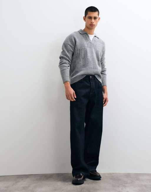 ASOS DESIGN pull en maille ample à col fendu avec détail à carreaux gris, 3 de 5