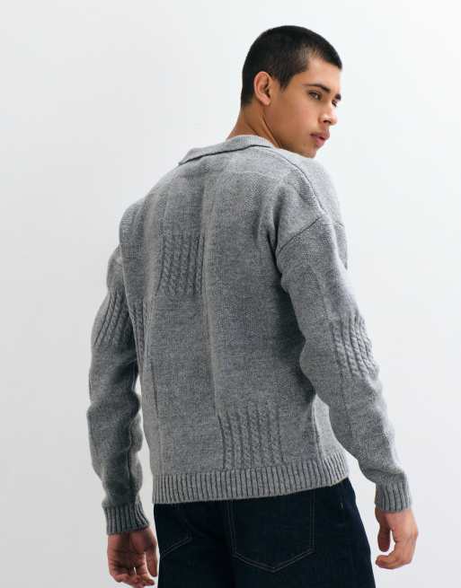 ASOS DESIGN pull en maille ample à col fendu avec détail à carreaux gris, 5 de 5