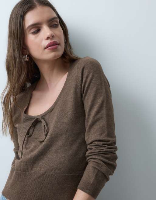 ASOS DESIGN pull en maille avec col à nouer beige, 2 de 4