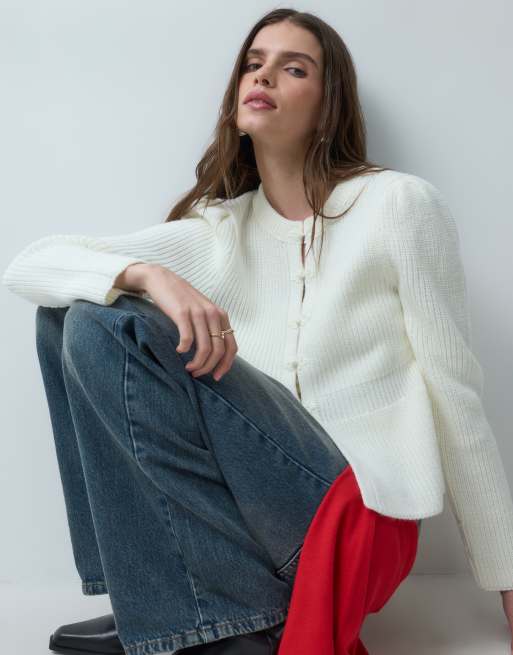 ASOS DESIGN pull en maille avec détail col mao et basque, couleur crème, 3 de 4