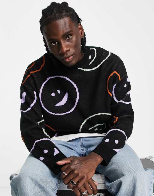 ASOS DESIGN - Pull en maille avec motif smiley sur l'ensemble - Noir