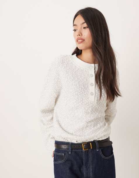 ASOS DESIGN - Pull en maille bouclée texturée à col boutonné et manches longues - Ivoire - view 1