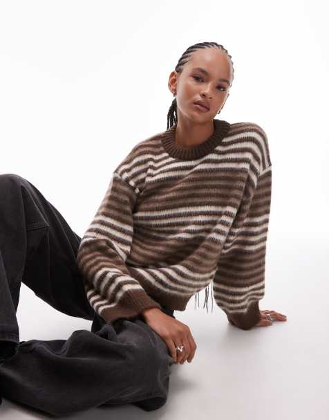 ASOS DESIGN - Pull en maille brossée à manches larges - Marron rayé ton sur ton - view 1