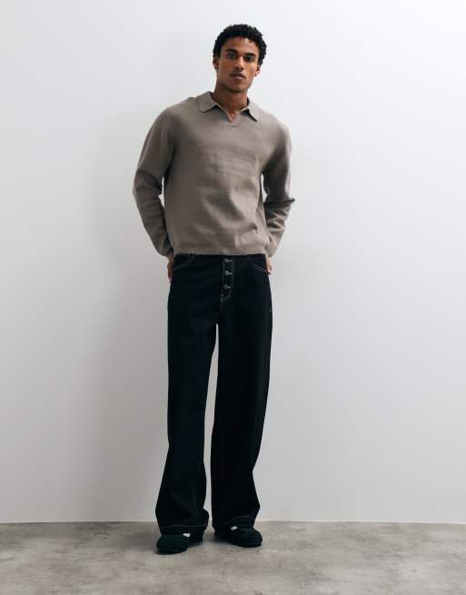 ASOS DESIGN pull en maille compacte coupe relaxed à encolure fendue taupe, 2 de 5
