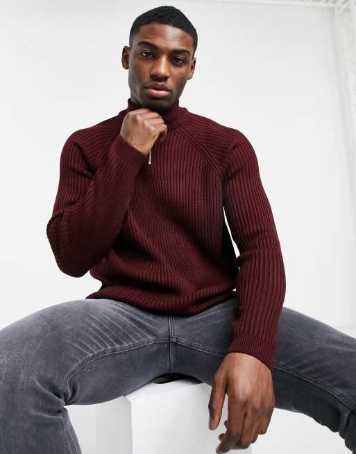 ASOS DESIGN - Pull en maille côtelée à demi-fermeture éclair et manches raglan - Bordeaux