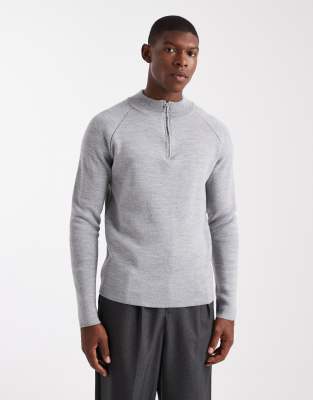 ASOS DESIGN - Pull en maille côtelée à demi-zip Gris