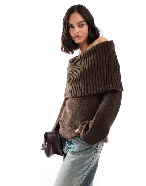 ASOS DESIGN - Pull en maille côtelée chunky à encolure bardot - Chocolat - view 1