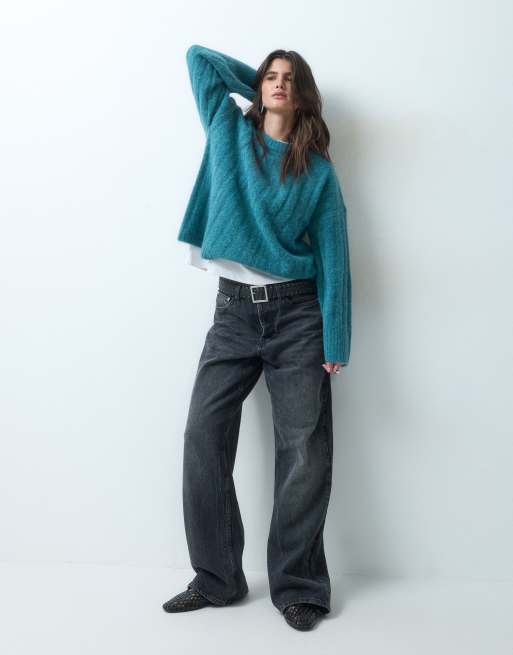 ASOS DESIGN pull en maille côtelée coupe décontractée à col rond bleu sarcelle, 2 de 4