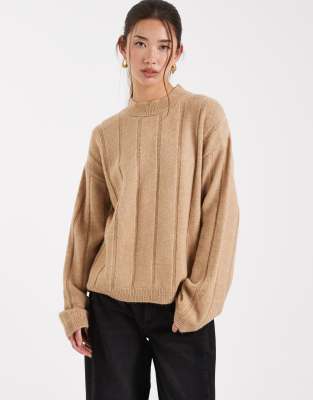 Pull en maille côtelée duveteuse d'ensemble - Marron-Brown L
