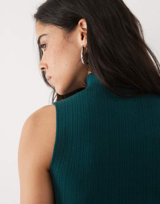ASOS DESIGN pull en maille côtelée sans manches à col cheminée vert foncé, 3 de 4