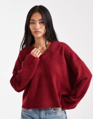 ASOS DESIGN - Pull en maille coupe carrée à col V - Bordeaux-Rouge