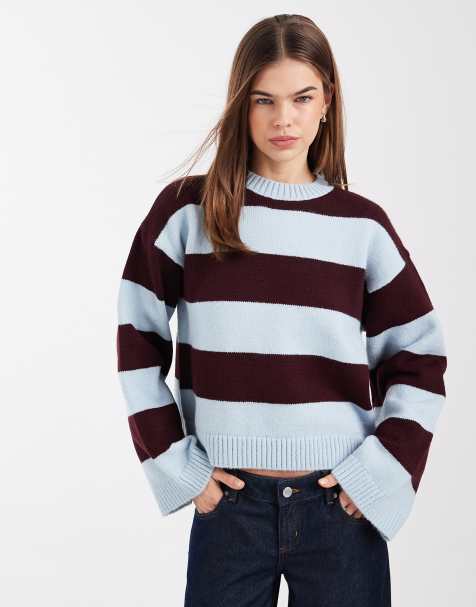 ASOS DESIGN - Pull en maille coupe carrée à rayures larges - Prune et bleu - view 1