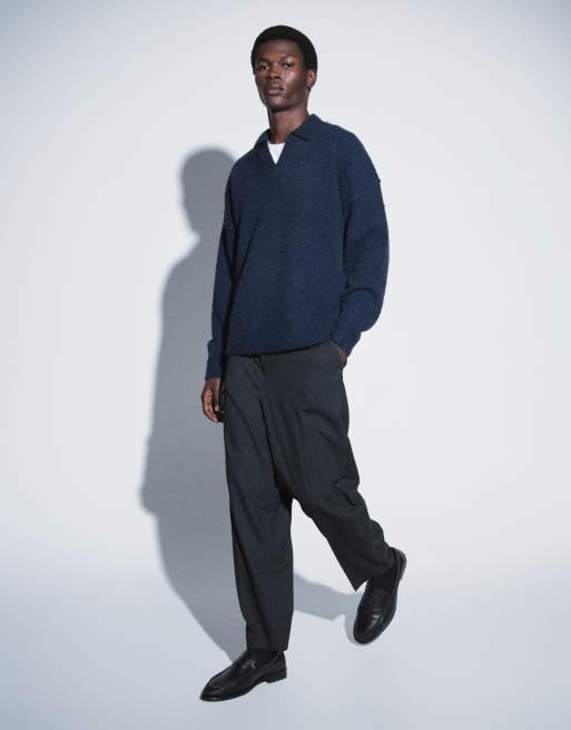 ASOS DESIGN pull en maille coupe décontractée à coutures apparentes et col fendu bleu marine clair, 5 de 9